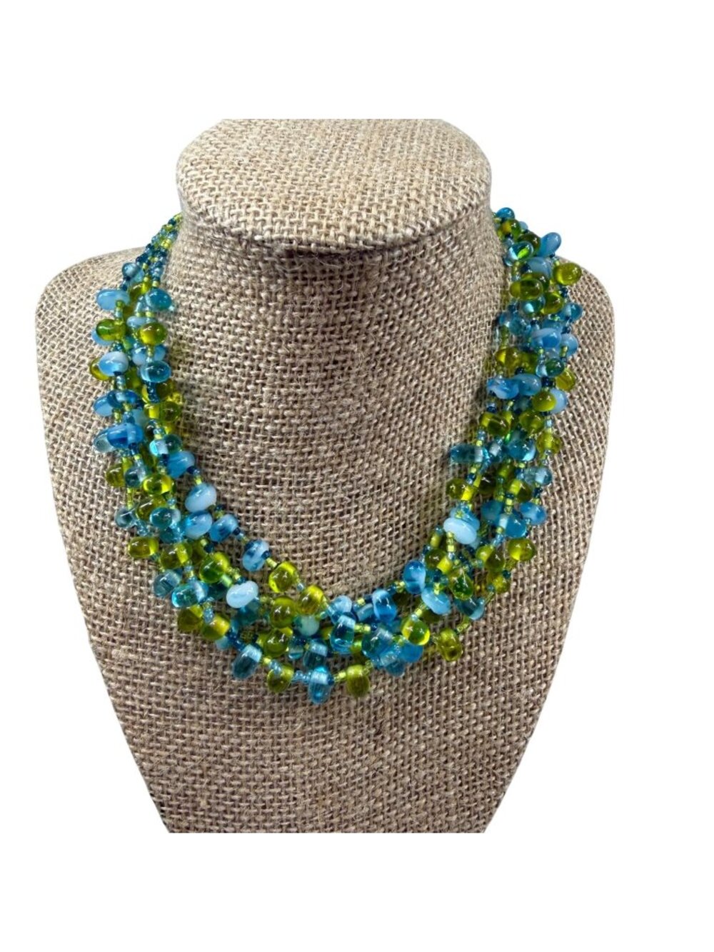 Multistrand Blue & Green Glass Beaded Necklace - Statement Piece Women Vintage